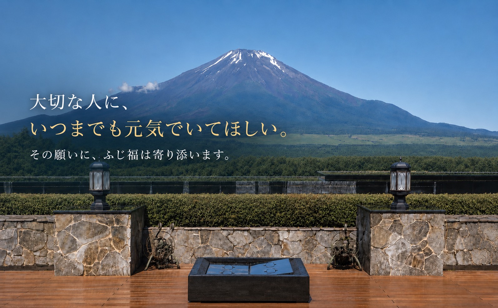 富士山を背景に、大切な人にいつまでも元気でいてほしいという思いを伝えるふじ福のメインビジュアル